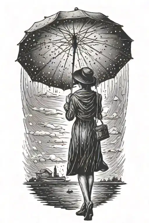 Woman Silhouette With An Umbrella Getting Rained