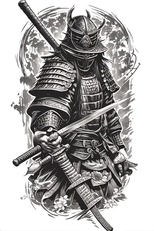Samurai With Katana In Mask Black And White Tattoo Sketch Simple