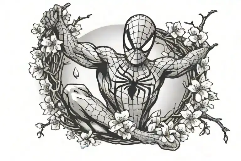 Cherry Blossoms Wrapped Around Forearm With Spiderman Swinging Off The Branches