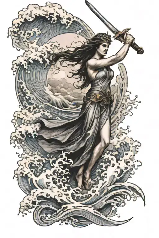 Athena With Sword And Scale And Waves Crashing Waves