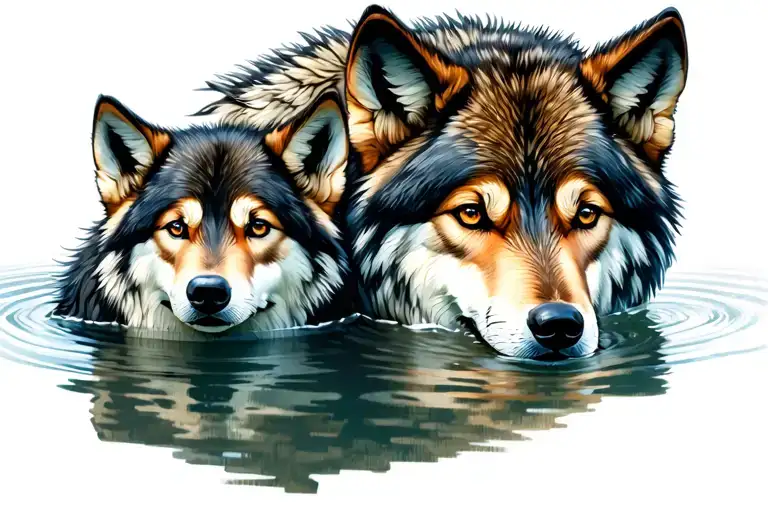 Wolf And Pup Looking In Water