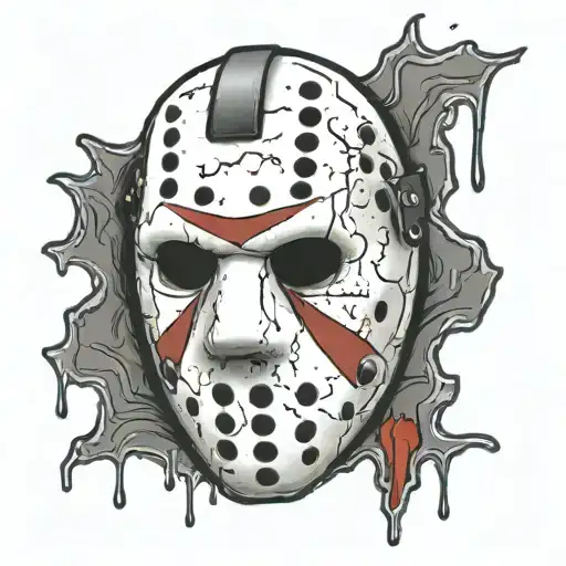 Jason Vorhees Mask Outline With Blood Dripping Underneath In A Rectangle Stone Frame