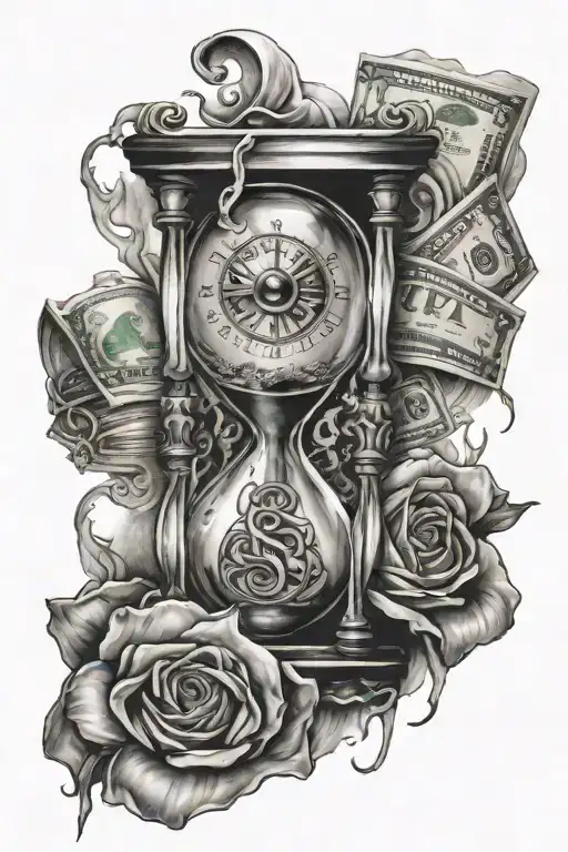 Two Small Realistic Crying Eyes With An Hourglass And Money Behind