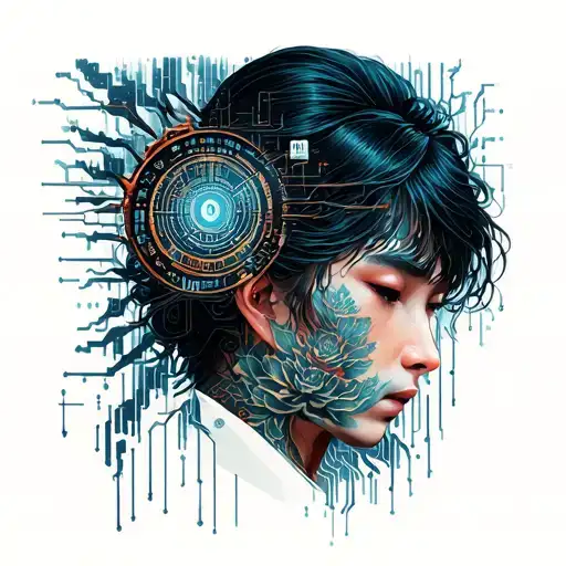 Japanese Theme Tattoo With Technology And Binary Code