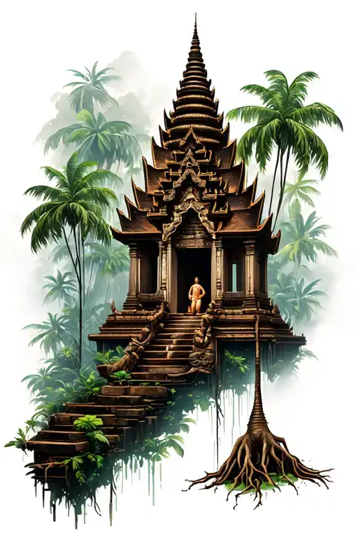 Khmer Temple With A Jungle Scene And Roots