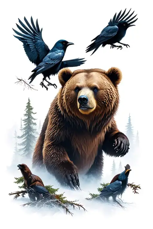 Bear In The Forest With Crows