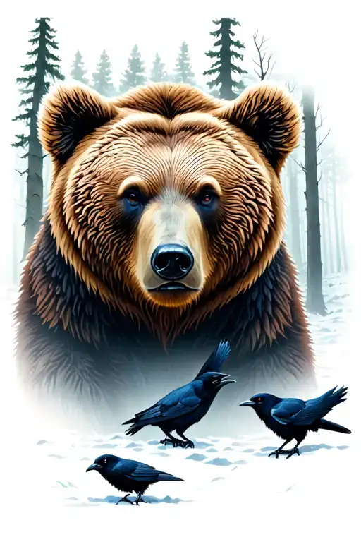 Bear In The Forest With Crows