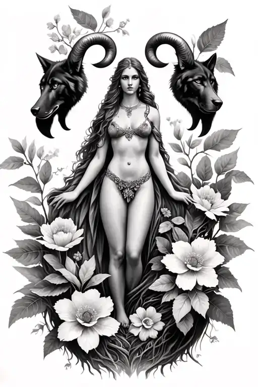 Aries Goddess Surrounded By Flowers Growing Trees With Leafs And A Black Wolf
