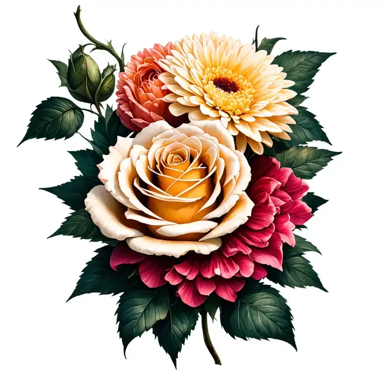 Rose And Chrysanthemum Tangled Together