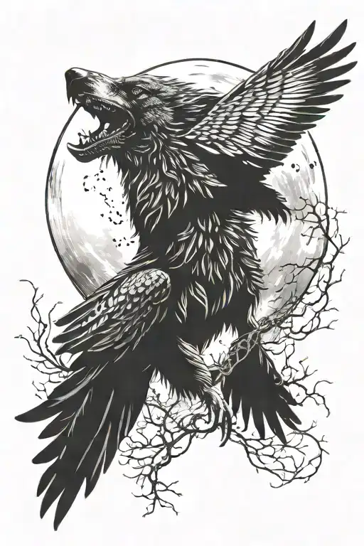 Wolf Head Crow Flying Moon Merging Together Forresr