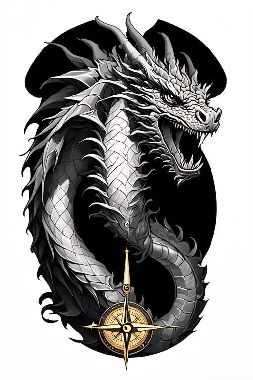 Full Arm Tattoo With Male Dragon And Compass