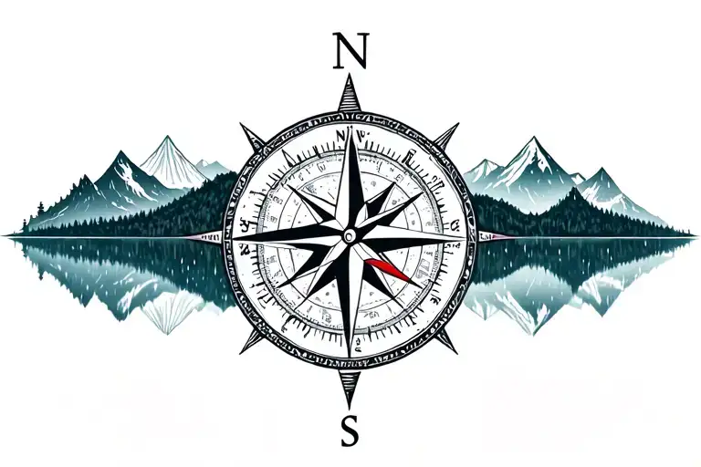 Large Compass Surrounded By Intricate Geometric Mountains And Rain Forest