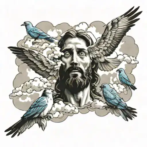 Jesus Christ And Birds And Clouds