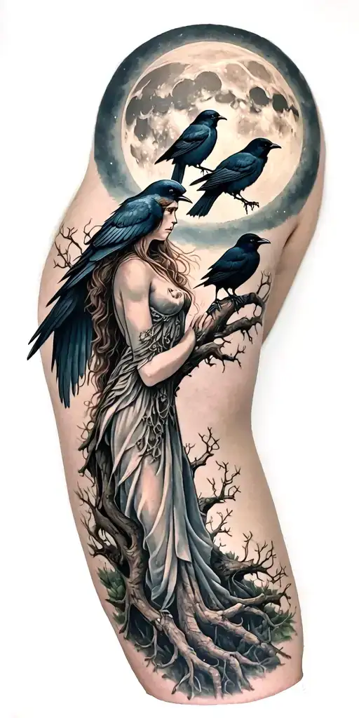 The Morrigan Irish Goddess With Crows An Old Oak Tree Growing And Bright Moonlight