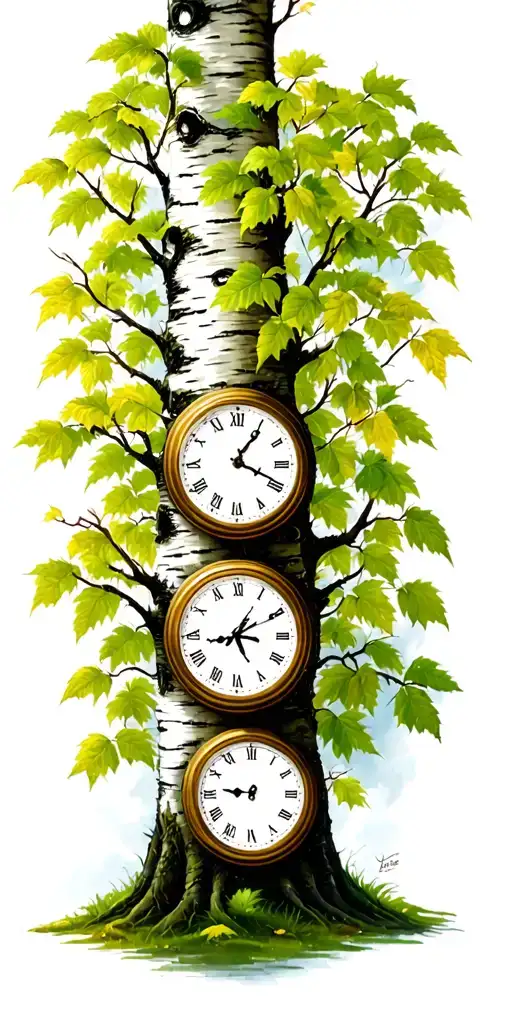 Birch Tree In Summer With Green Leaves With Three Clocks On It