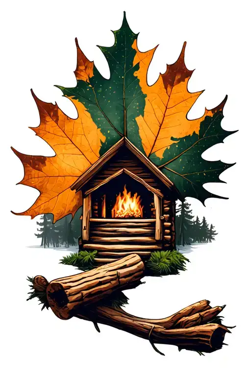 A Maple Leafe As A Frame And Inside A Log Cabin In The Woods