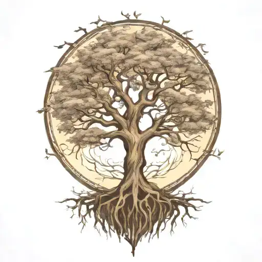 Willow Oak Tree With Roots Encircling The Earth