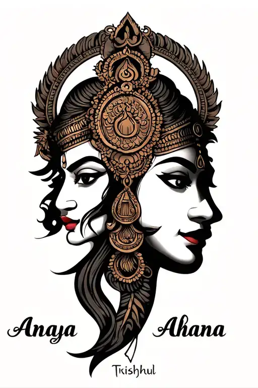 Trishul With Anaya & Ahana Names Around It