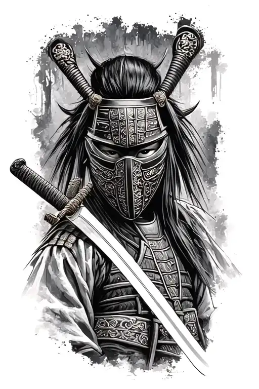 Samurai With Katana In Mask Black And White Tattoo Sketch Simple