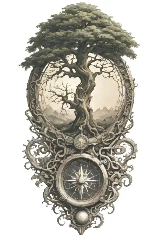 Yggdrasil With Dragon Emerging With Compass And Broken Chains