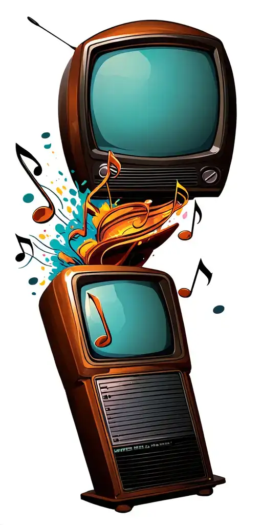 A Vintage Tv Set With Music Notes Coming Out Of The Screen