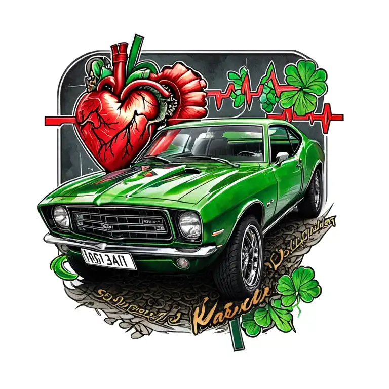 Irish Car Scene Tattoo Involving A Car Part And Heartbeat
