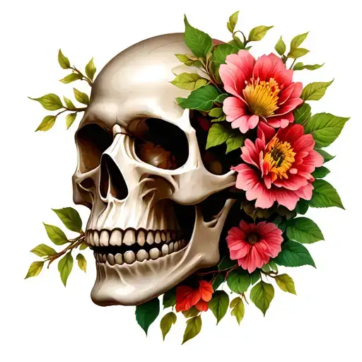 Skull With Vines And Flower Growing On And Around It