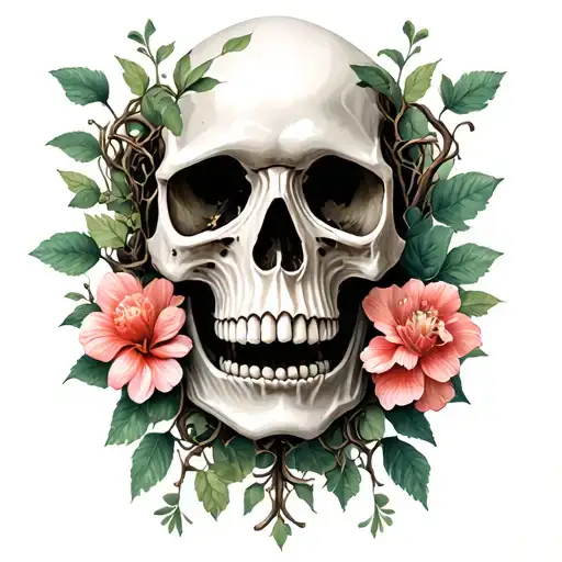 Skull With Vines And Flower Growing On And Around It