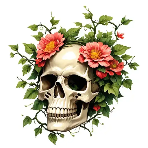 Skull With Vines And Flower Growing On And Around It