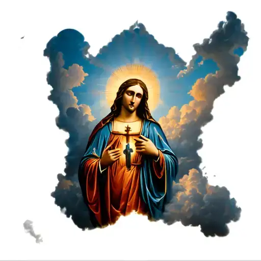 Virgen Mary With San Judas Tadeo With Clouds Forming The Shape