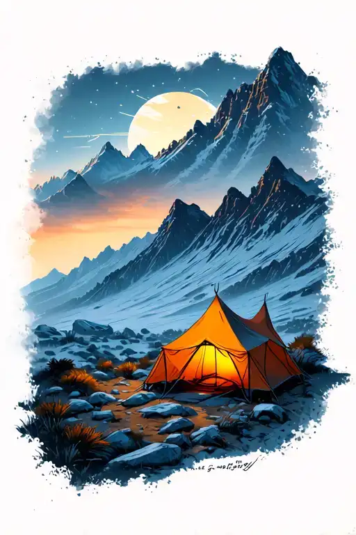 Force Landscape With A Tent Illuminated With Light In The Background In The Mountains