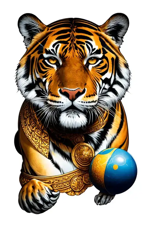 Tiger With Strong Soldier With Bowling Ball With A Beautiful Greek Goddess