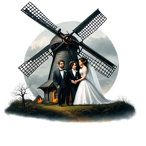 Design A Tattoo Of Married Husband And Wife Posing Under A Haunted Windmill