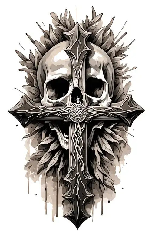 Religious Cross And A Skull Above With Somthing Sorrounding It All
