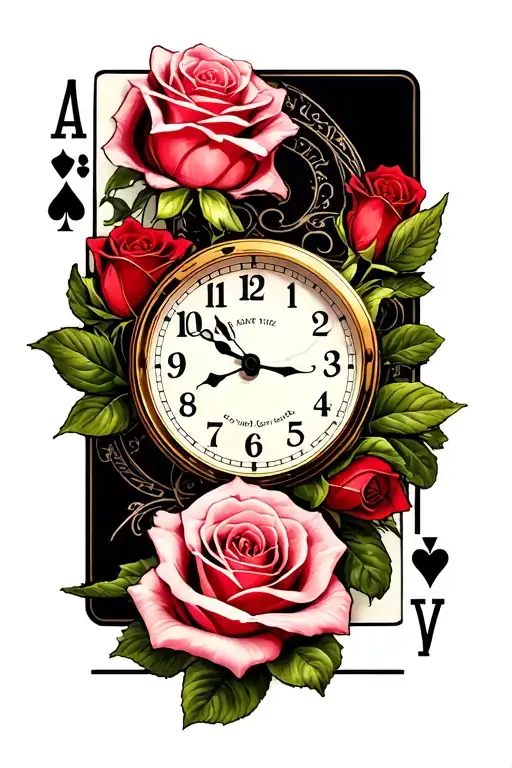 Roses With An Ace Playing Card And A Clock Face