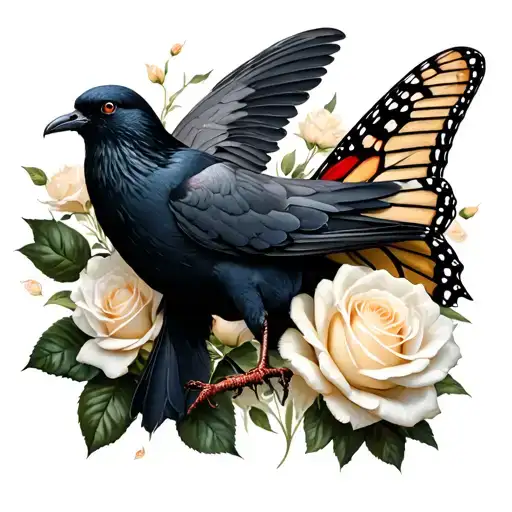 A Black Dove Holding A White Rose Above A Dead Monarch Butterfly