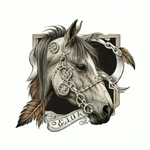 Horse Head In Horse Shoe With The Name Bella And A Small Feather