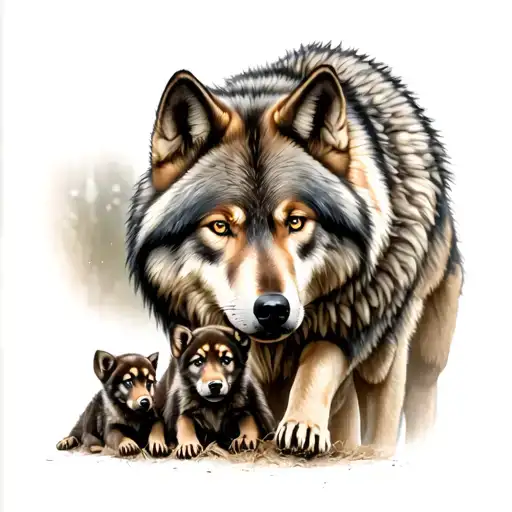 Alpha Wolf With Pups Playing Near