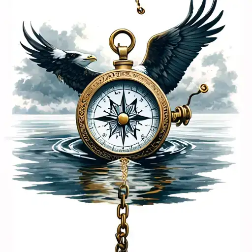 A Compass Floating On Top Of Water Connected To A Broken Chain With A Stormy Sky And An Eagle