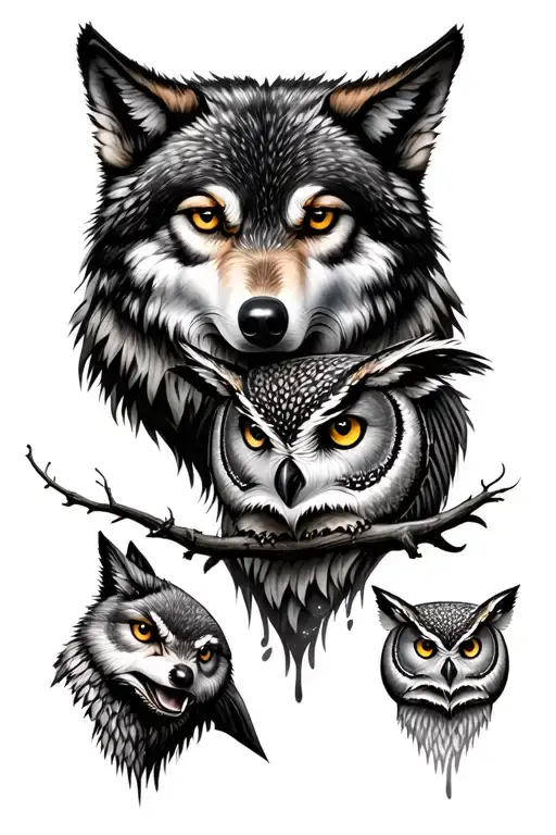 Wolf And Owl Face Tattoo Design