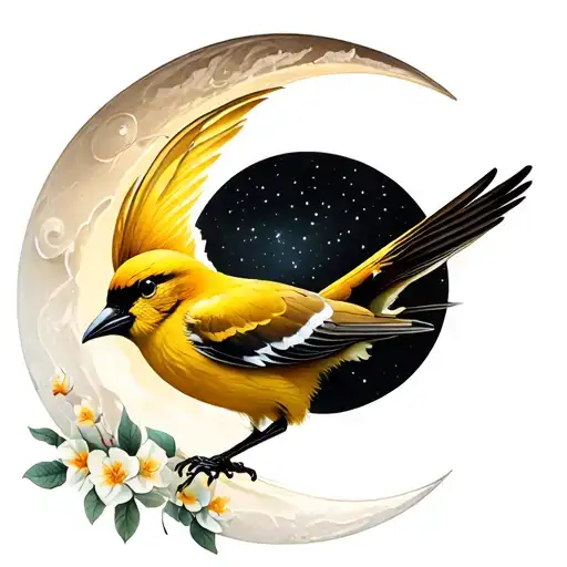 Yellow Bird On Crescent Moon With Black Background