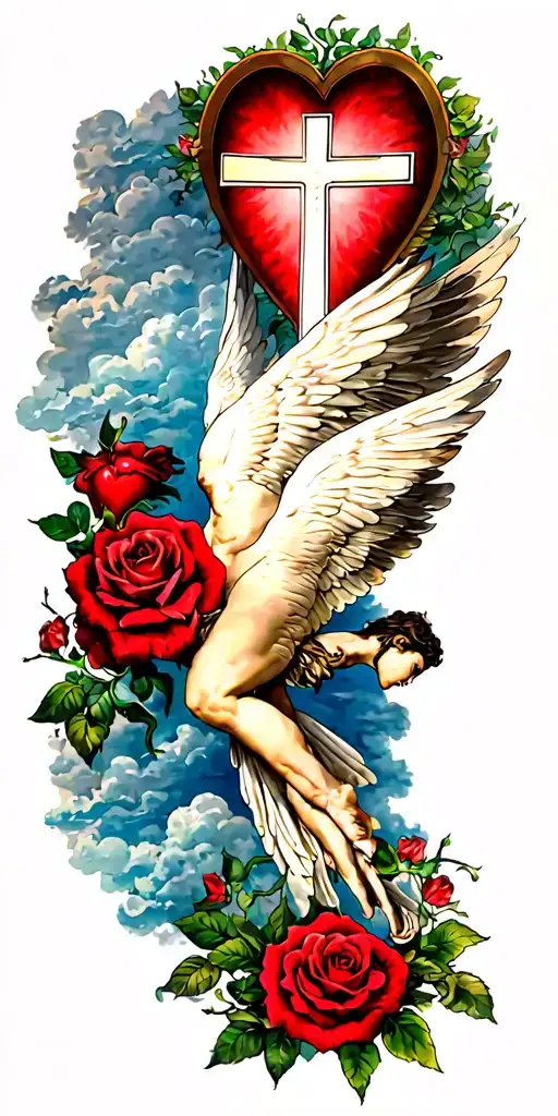 Icarus Flying With A A Red Heart And Clouds And A Cross With Lightly Red Colored Roses Throughout