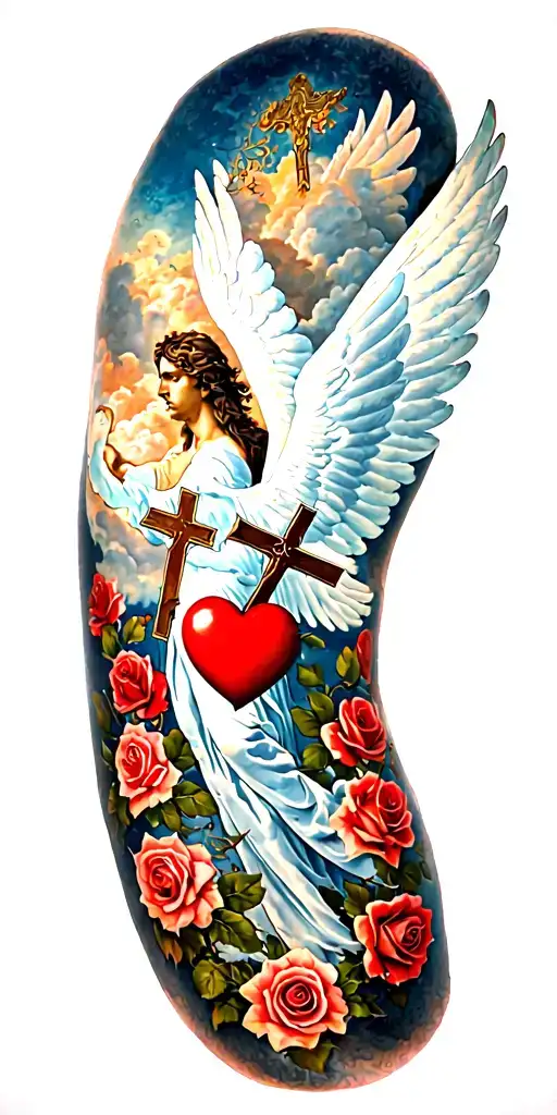 Icarus Flying With A A Red Heart And Clouds And A Cross With Lightly Red Colored Roses Throughout