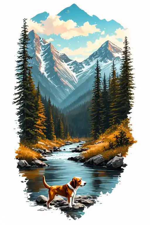 Mountain Landscape And River And Dog
