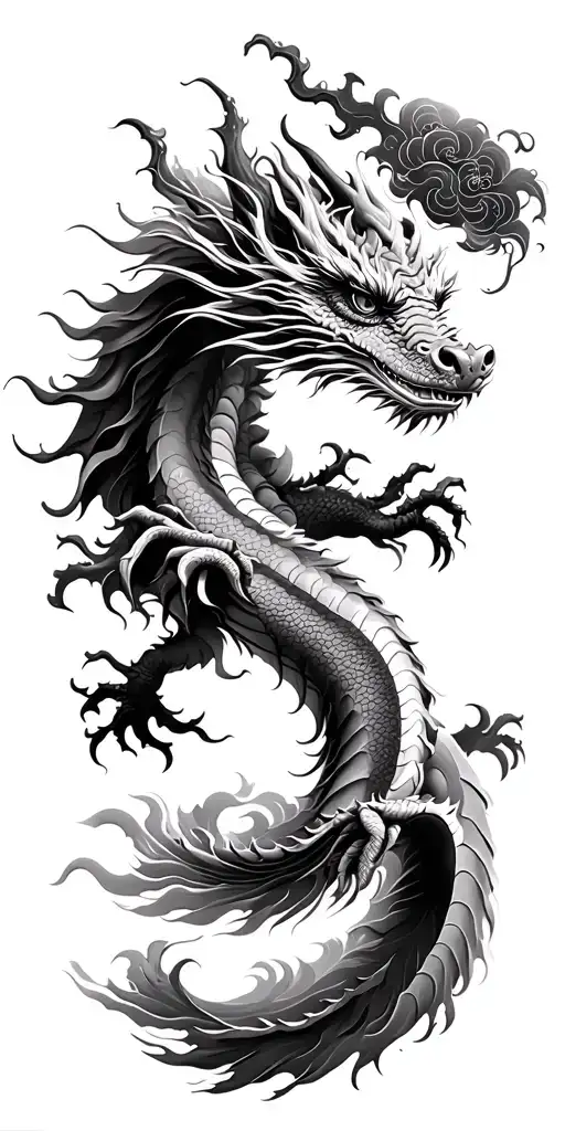 Black And White Realistic Dragon With Oriental Waves Around