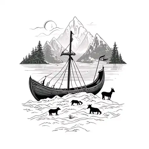 Viking Boat With Mountains In Background With Wooded Area And Animals And Nordic Symbols
