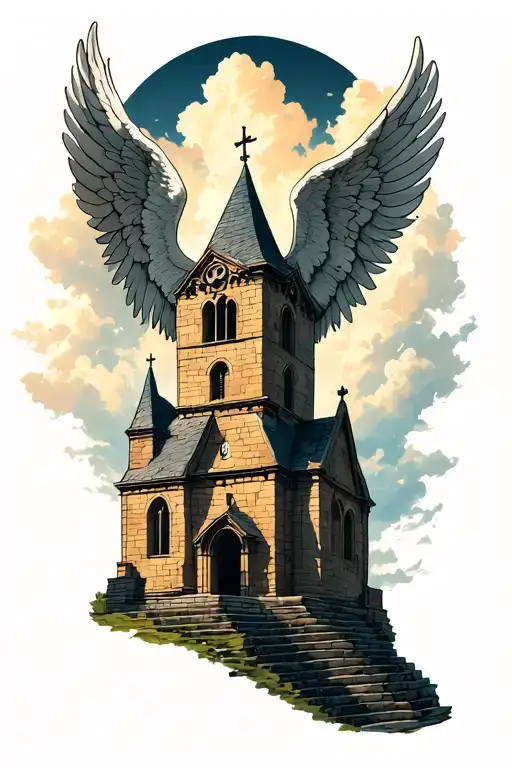 Angel Falling From Sky Onto A Old Castle Style Church
