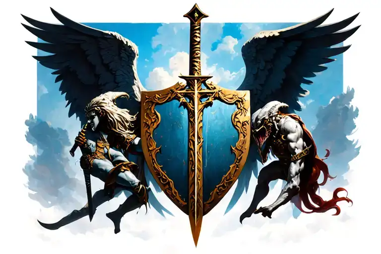 Arc Angels And Demons At War Sword Shield Cross Royalty