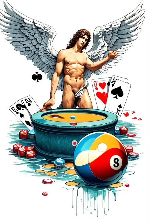 Icarus Angel And Pool Ball With Playing Cards