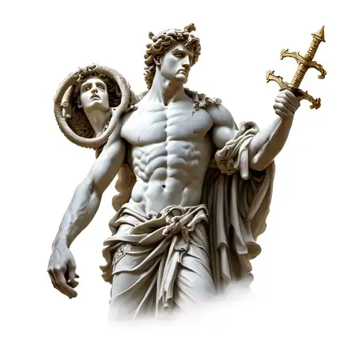 Styalized Marble Statue Of Perseus Holding Medusa's Head In One Hand And A Sword In His Other